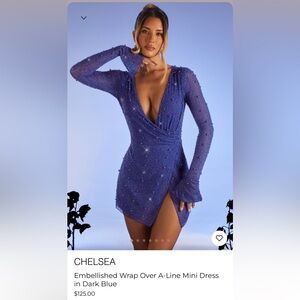 Embellished Wrap Over A-Line Mini Dress in Dark Blue Oh Polly